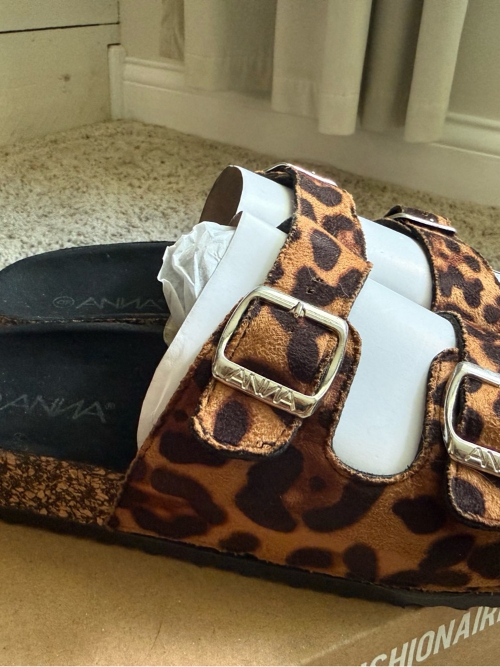 Anna Leopard Print Double Buckle Slides - Brown/Black